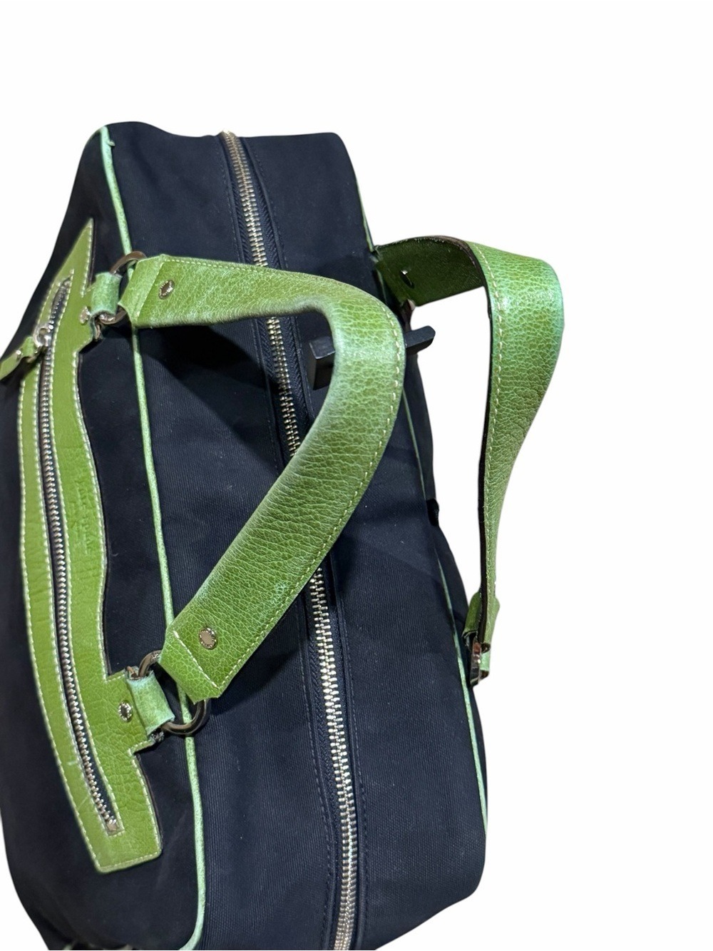Kate Spade New York Canvas Tote Bag Navy Green Leather Trim - Picture 7 of 15